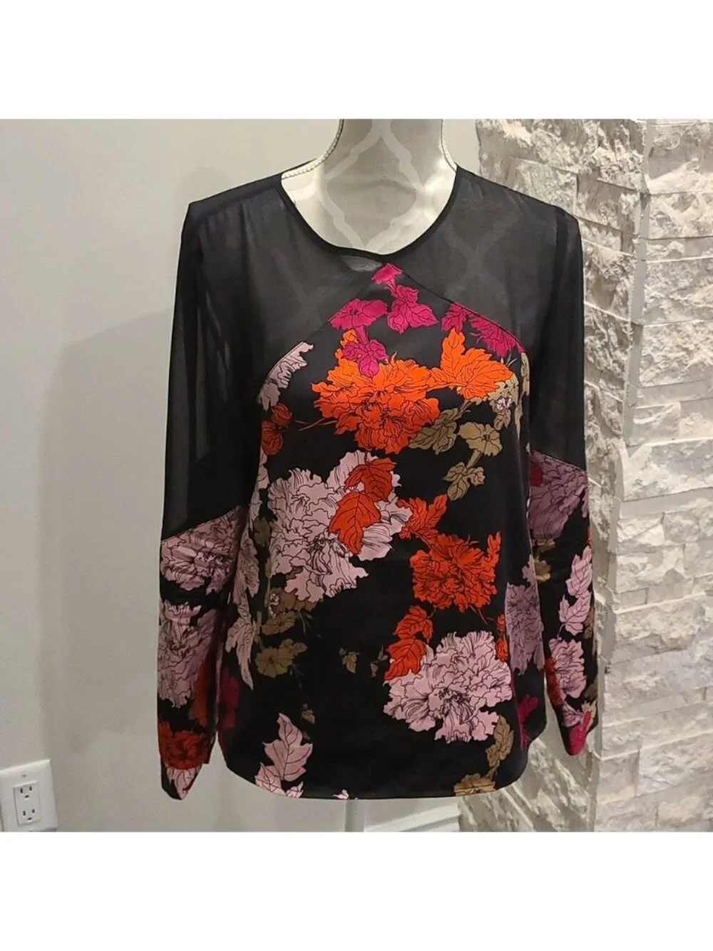 1. State Floral Sheer Long Sleeve Blouse Black With Bright Floral pattern